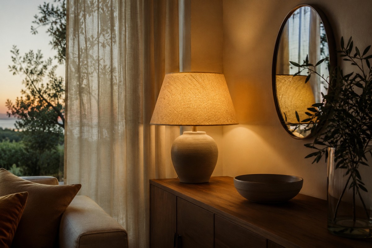 Lampada calda e specchio in un angolo del soggiorno estivo