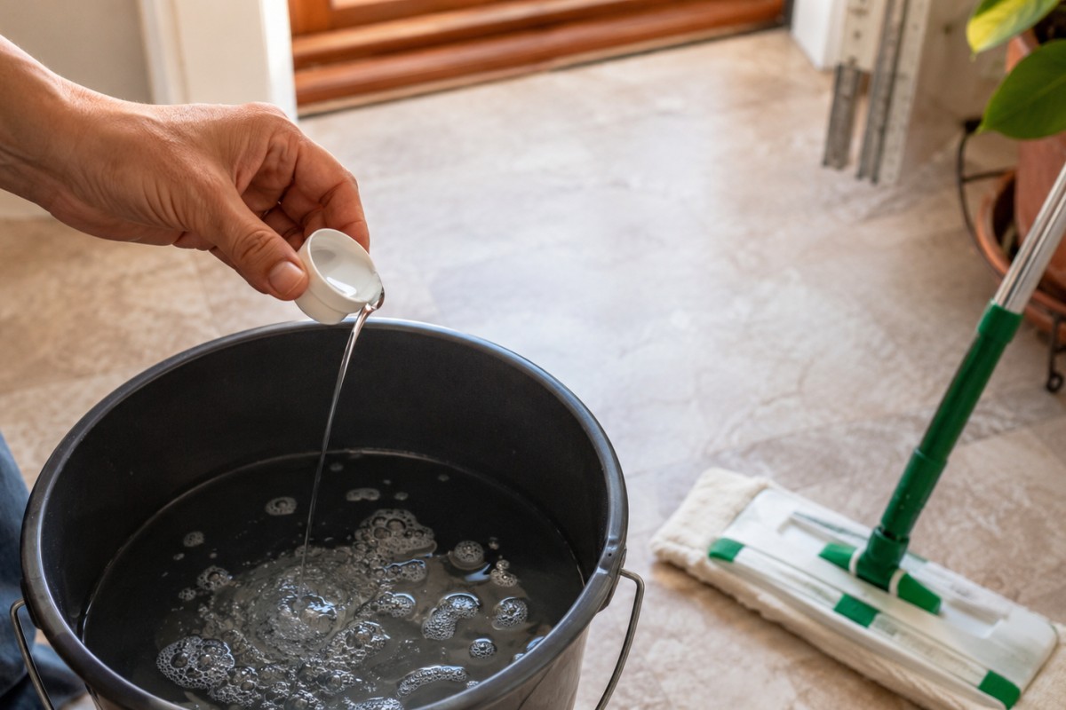 Poco detersivo versato nel secchio per lavare il pavimento senza aloni