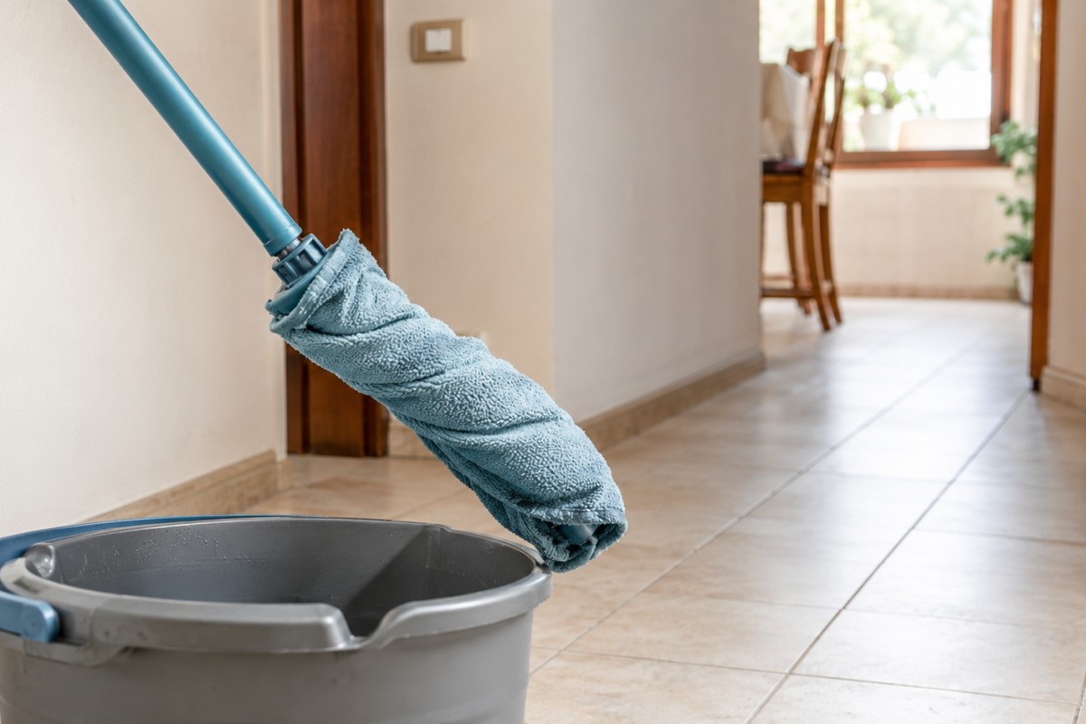Mocio in microfibra risciacquato bene per non lasciare residui sul pavimento