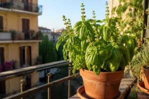 Basilico in vaso sul balcone con piccoli fiori a luglio
