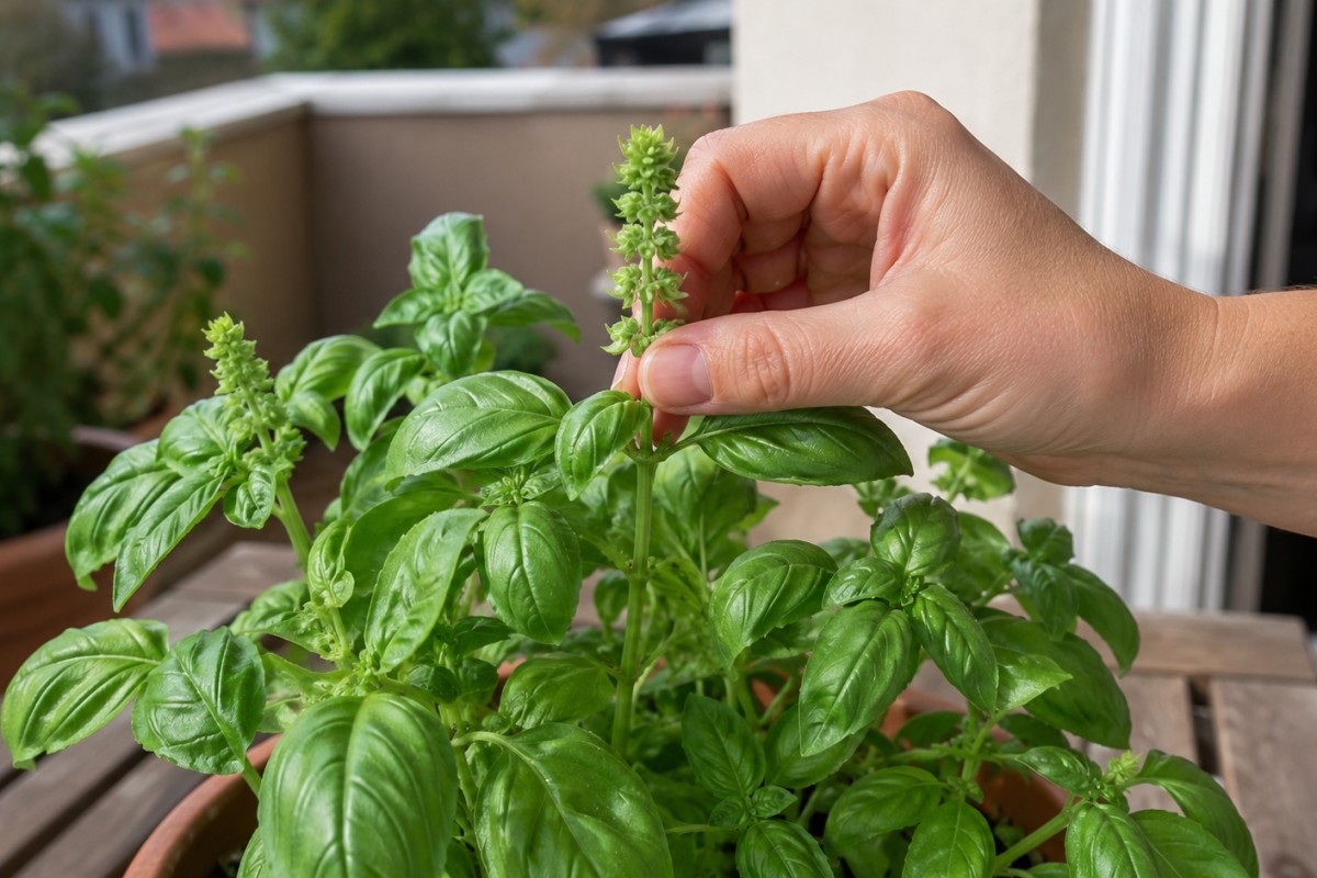 Cimatura dei fiori del basilico sopra una coppia di foglie