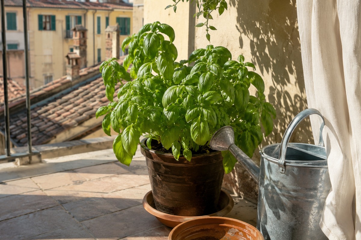 Vaso di basilico spostato in ombra luminosa sul balcone estivo