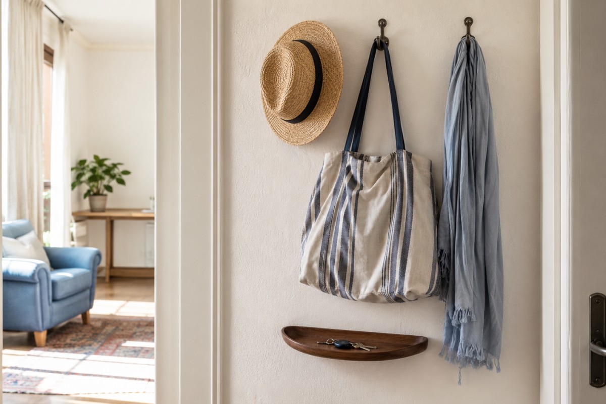 Ganci a parete con cappello, borsa estiva e vassoio per chiavi