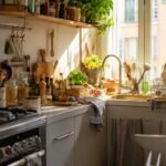 Cucina piccola con piano pieno di oggetti da alleggerire in estate