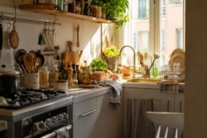 Cucina piccola con piano pieno di oggetti da alleggerire in estate