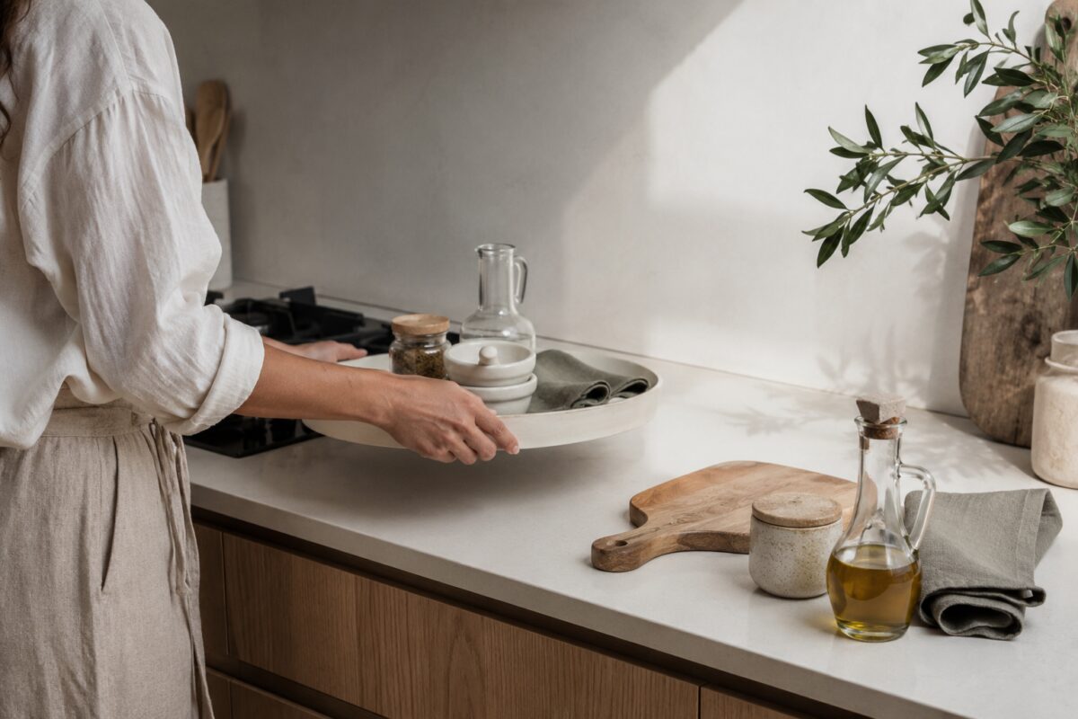 Oggetti della cucina raggruppati su un vassoio per liberare il piano