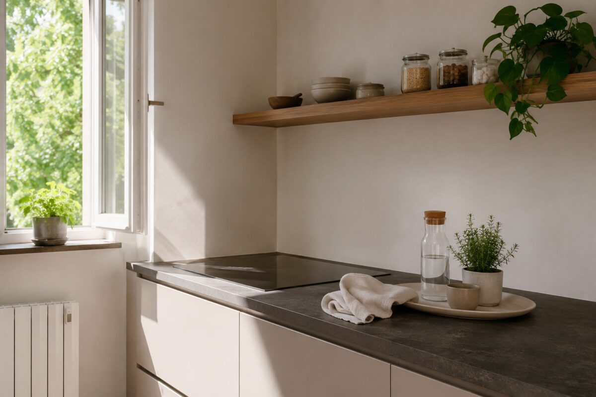 Cucina estiva ordinata con piano libero e pochi oggetti a vista