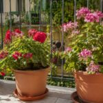 Gerani in vaso leggermente mosci su un balcone estivo