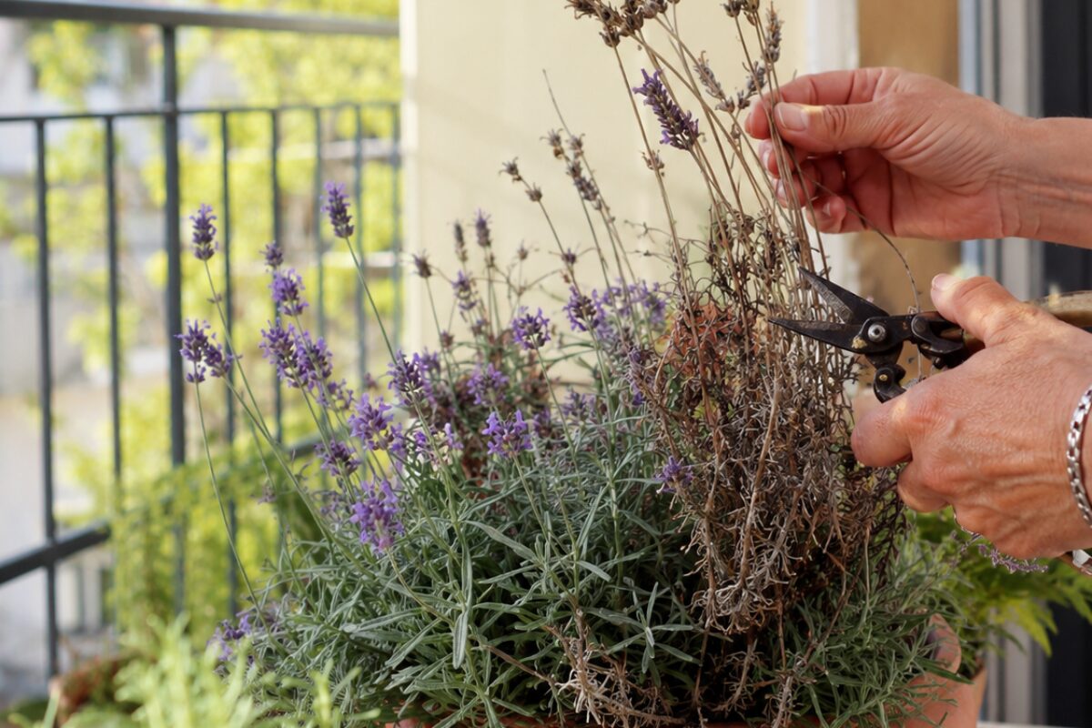 Lavanda in vaso con spighe secche tagliate a fine luglio sul balcone