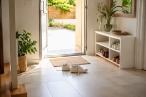 Scarpe sudate lasciate all’ingresso vicino a una piccola scarpiera