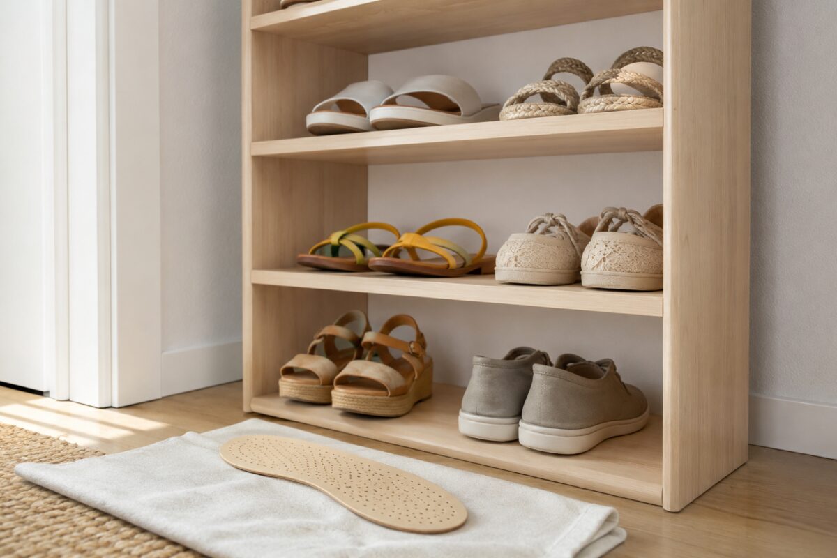 Scarpiera ordinata con scarpe distanziate e soletta rimossa