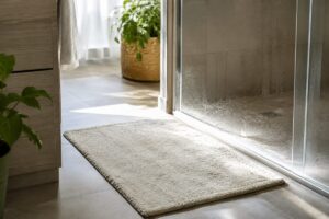 Tappetino del bagno chiaro vicino alla doccia in un bagno estivo