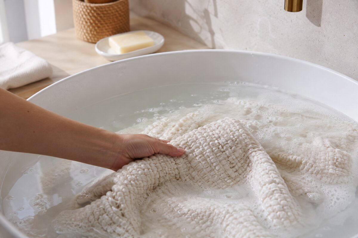 Tappetino da bagno lavato delicatamente in acqua tiepida