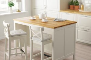 Isola da cucina IKEA TORNVIKEN bianco sporco e rovere ambientata in una cucina luminosa