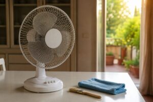 Ventilatore da tavolo impolverato da pulire prima dell'uso serale