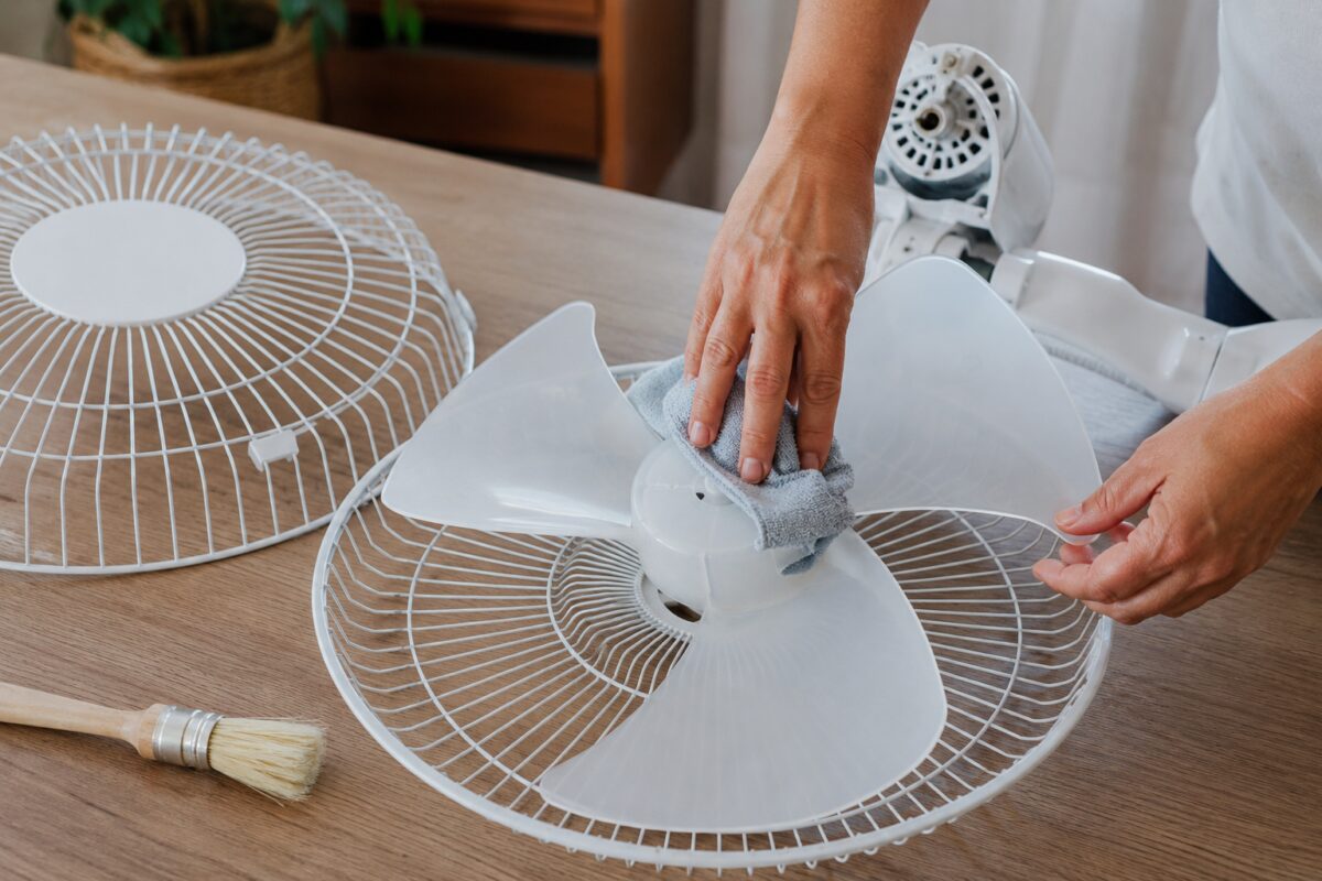 Griglia del ventilatore smontata e pale pulite con panno umido