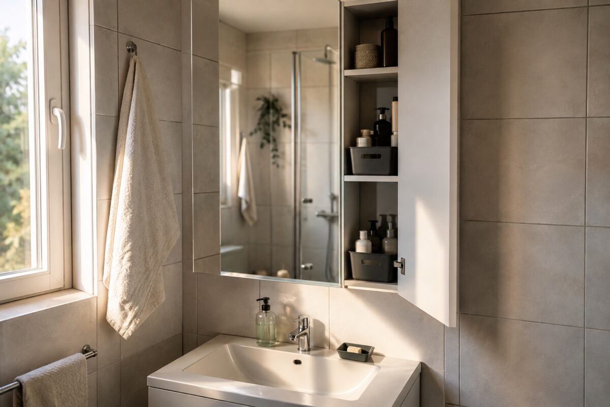 Mobile verticale del bagno con scorte raggruppate