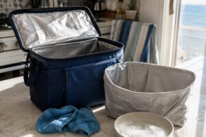 Borsa frigo aperta sul piano cucina pronta per essere pulita