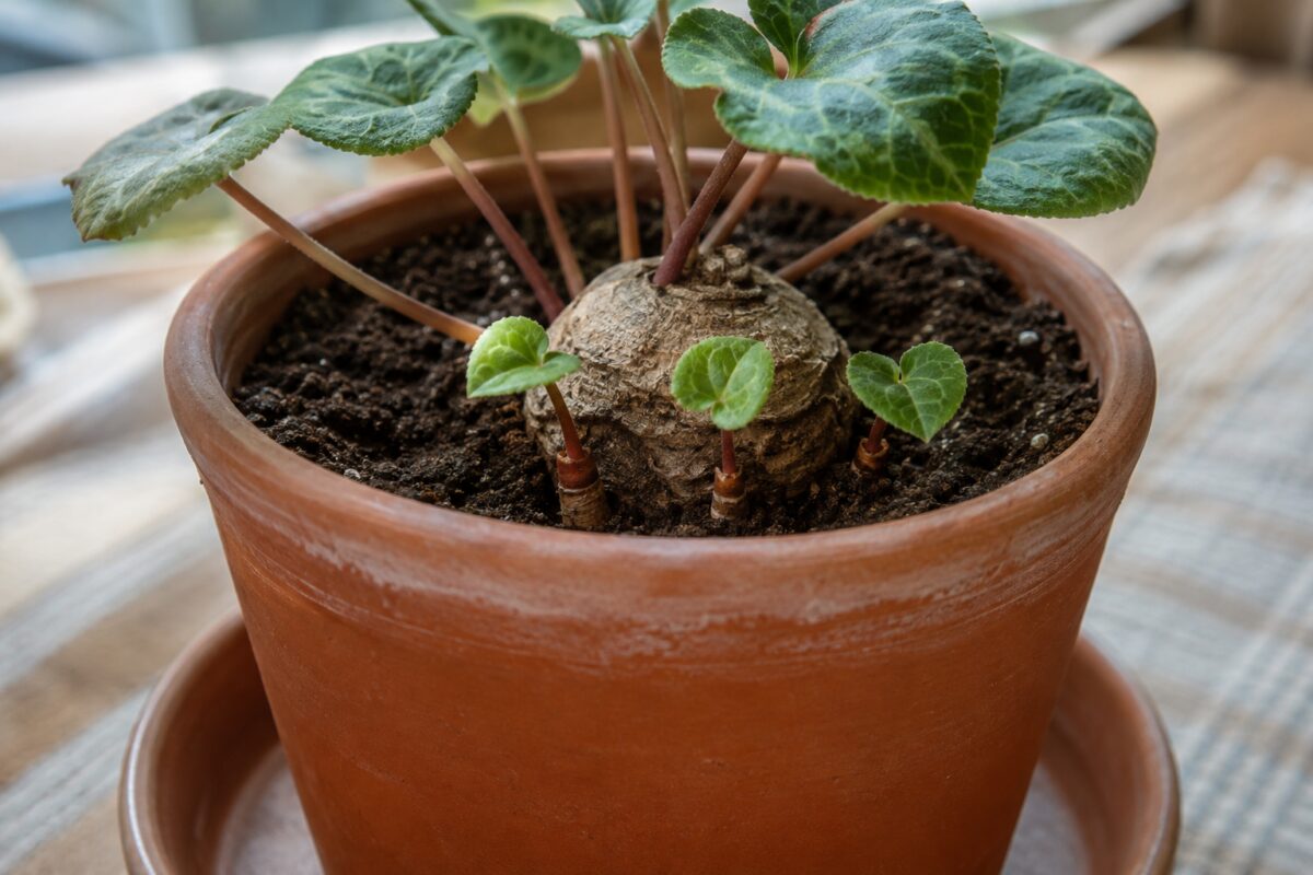 Prime foglie nuove del ciclamino dopo il riposo