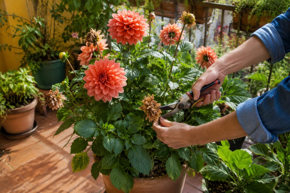 Dalia in vaso con capolini sfioriti sul balcone