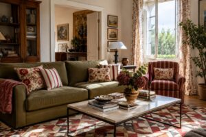 Soggiorno con fantasie diverse coordinate da un colore comune