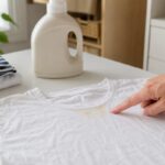 Magliette bianche con aloni di crema solare? Il pretrattamento da fare prima della lavatrice Alone di crema solare sul collo di una maglietta bianca
