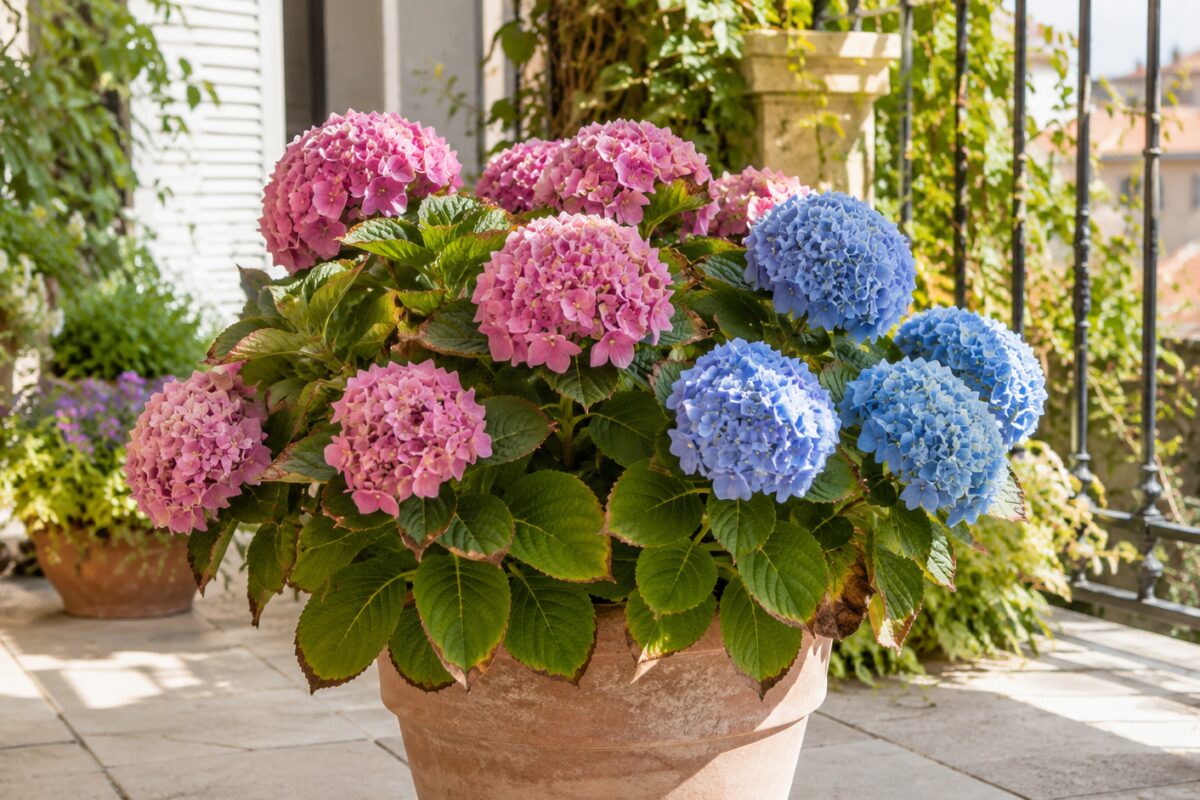 Ortensia in vaso su balcone con foglie dai bordi bruciati dal caldo