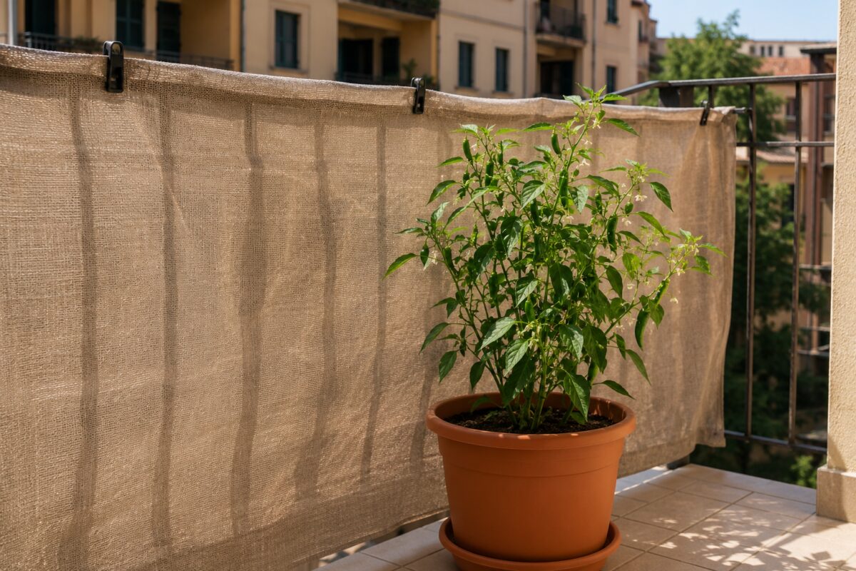 Peperoncino protetto dal sole pomeridiano con rete ombreggiante