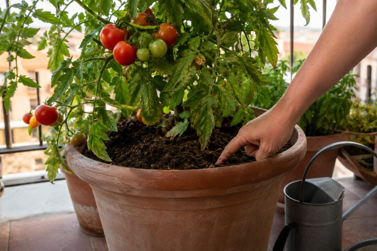 Controllo dell'umidità del terriccio in un vaso di pomodori