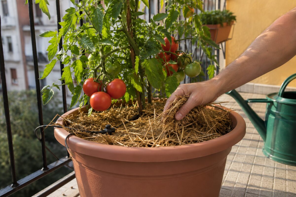 Pacciamatura con paglia in un vaso di pomodori