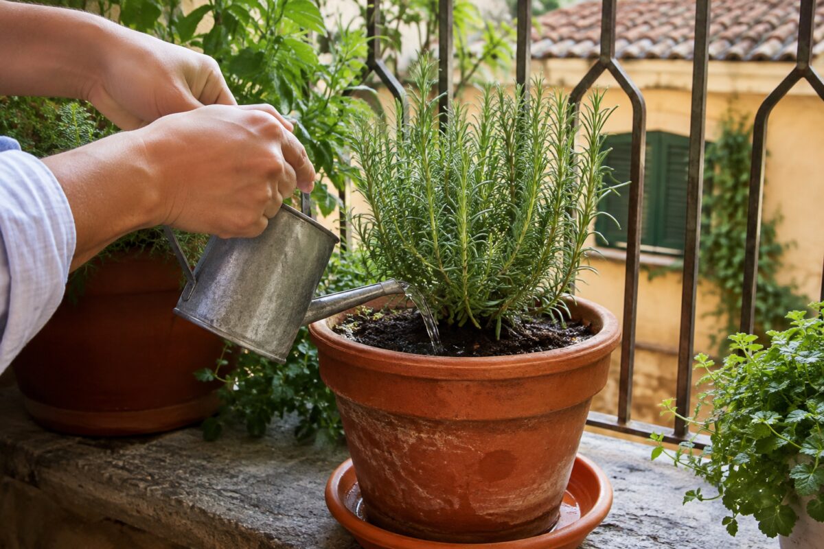 Irrigazione lenta del rosmarino alla base della pianta