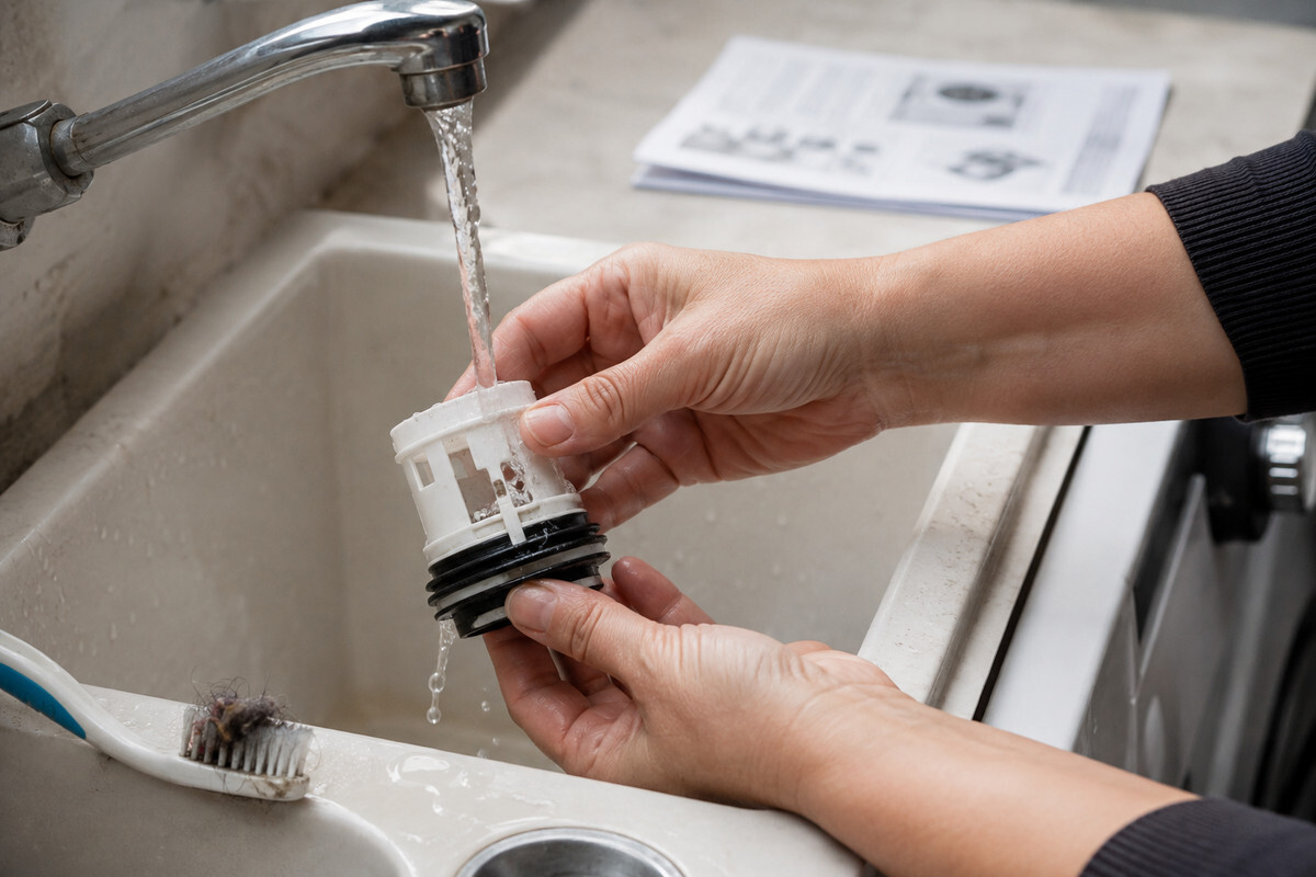 Pulizia del filtro della lavatrice sotto acqua corrente