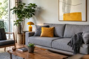 Soggiorno grigio scaldato da tre accenti giallo miele
