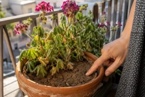 Terriccio secco staccato dal bordo di un vaso sul balcone